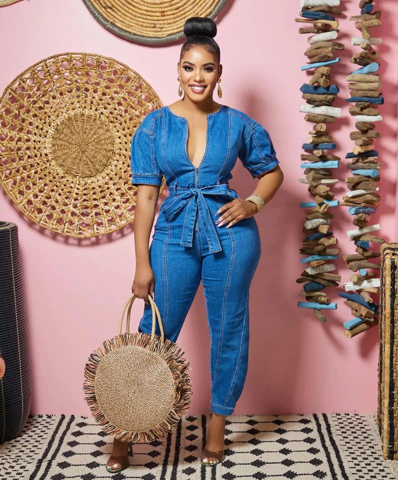 Denim Stretch Jumpsuit Sexy Women Vneck Elegant Jeans Casual Party Overalls Romper 250625