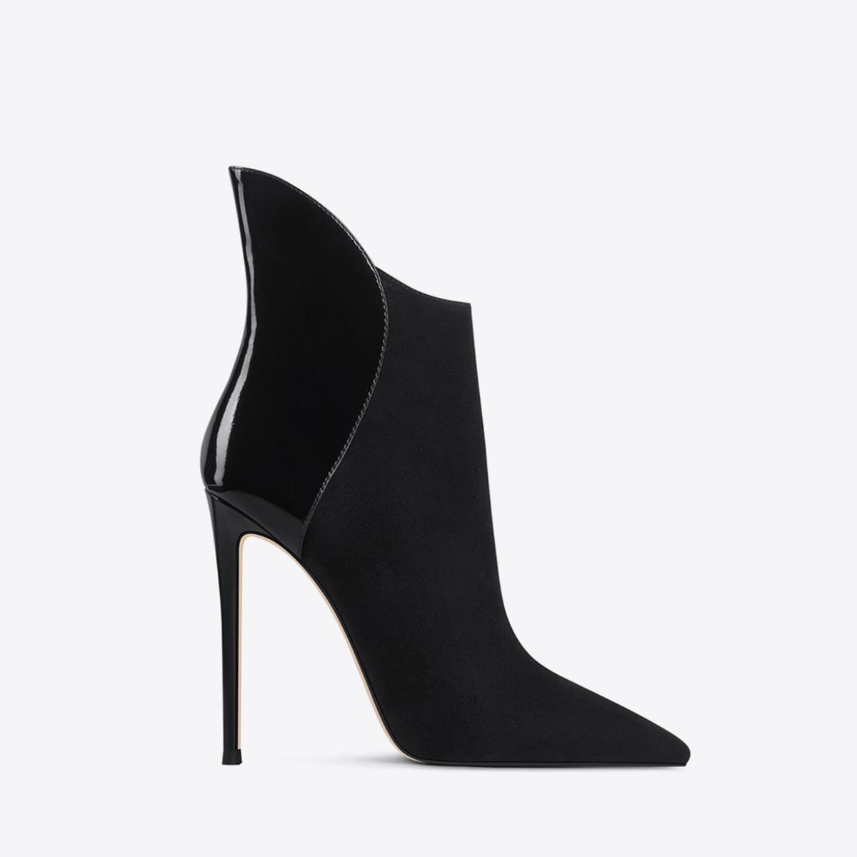Women's Color-Block Pointed Toe Stiletto Ankle Boots - Asymmetric Cutout Microfiber Leather Fashion Booties, Side Zipper