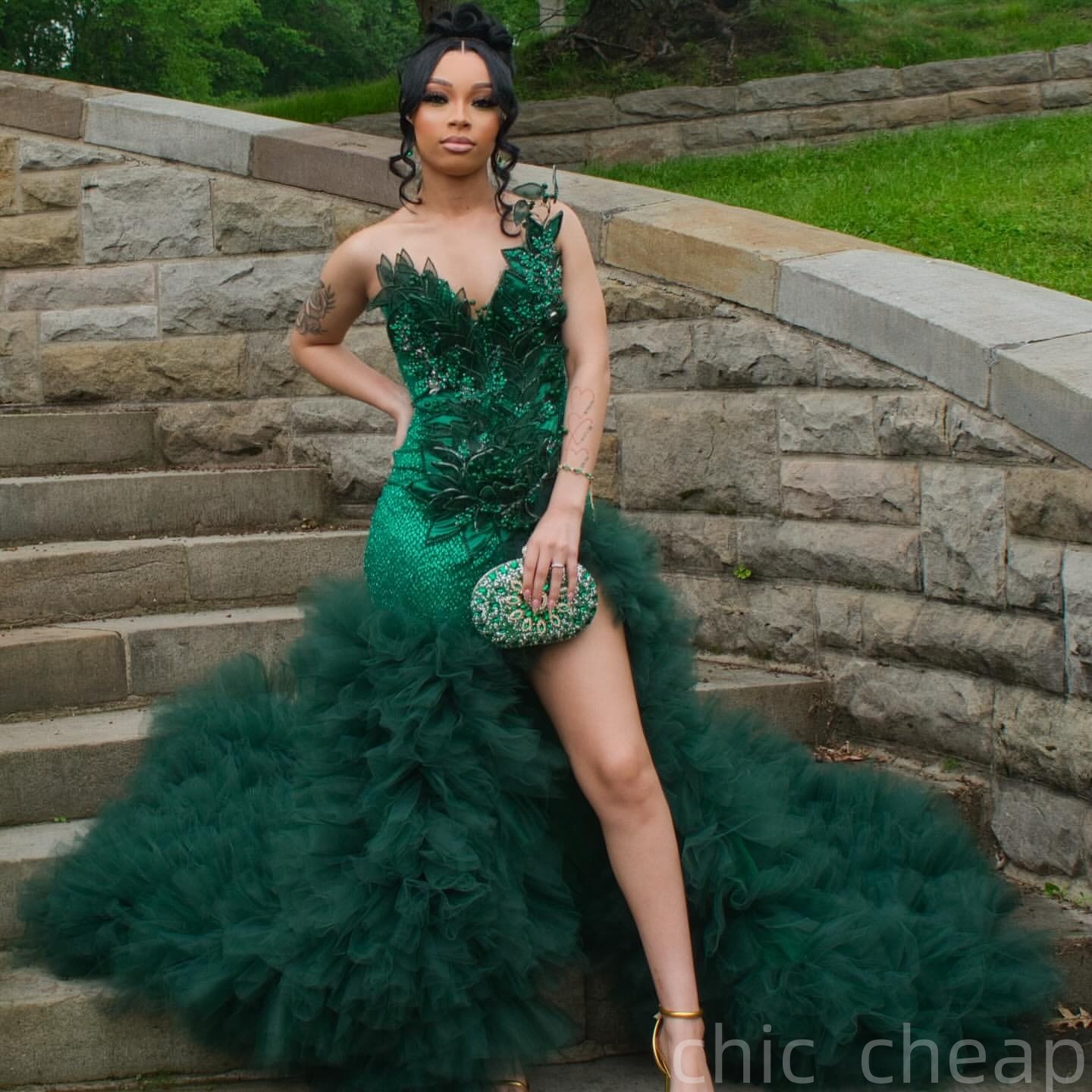 Mermaid Dark Green Prom Dresses 2025 Florals Pearls Tiers High Split Evening Formal Party Second Birthday Engagement Gowns Plus Size Dress For Special