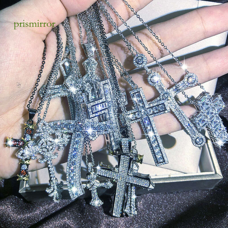Cubic Zircon Jesus Cross Pendant Necklace Charm Designer Chain Sterling Sier Filled Moissanite Crystal Dia Necklaces for Woman Man Gift Fine Jewelry