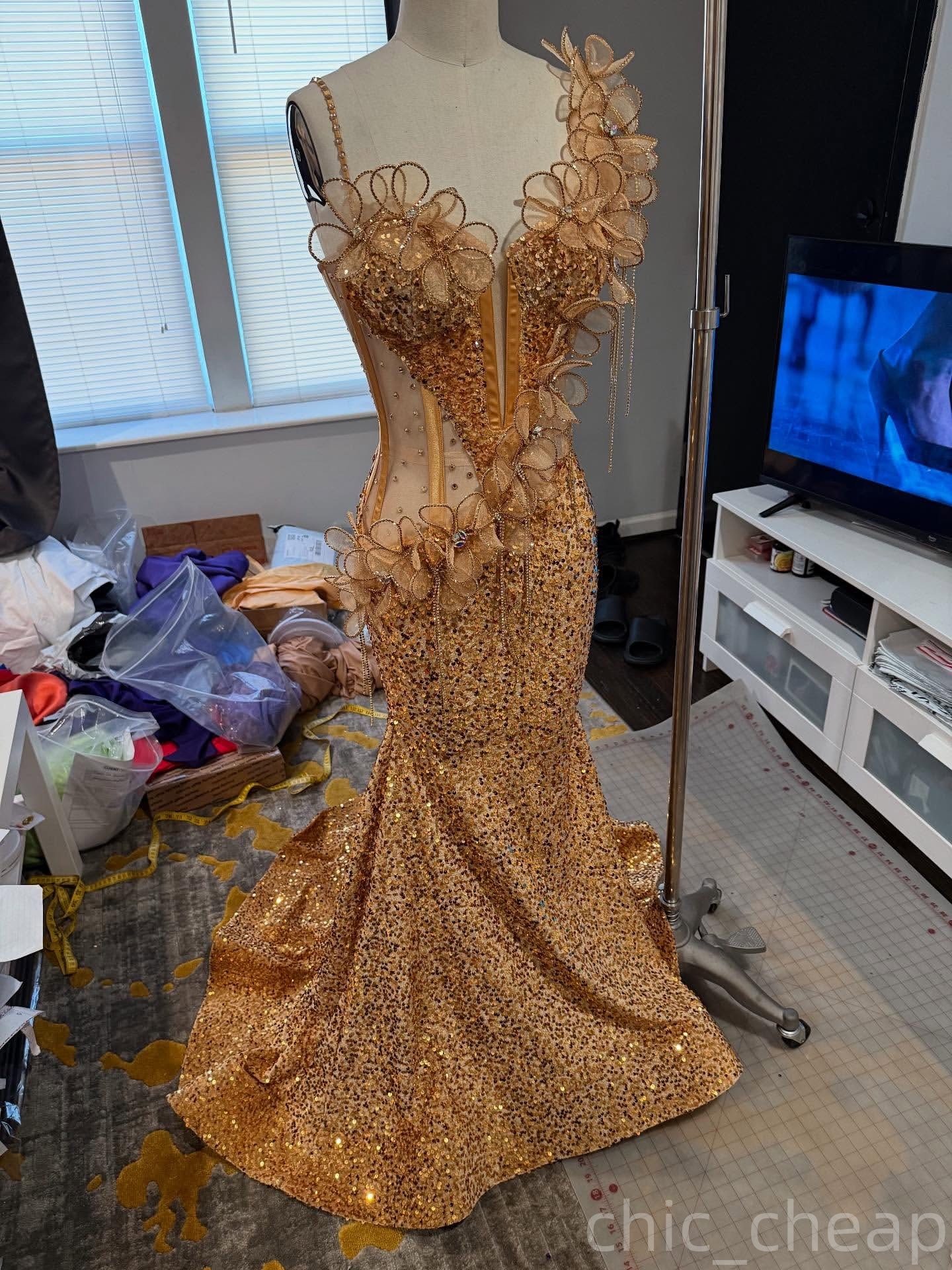 Mermaid Gold Prom Dresses 2025 Flowers Crystals Beaded Sequined Evening Formal Party Second Birthday Engagement Gowns Plus Size Dress For Special Occa