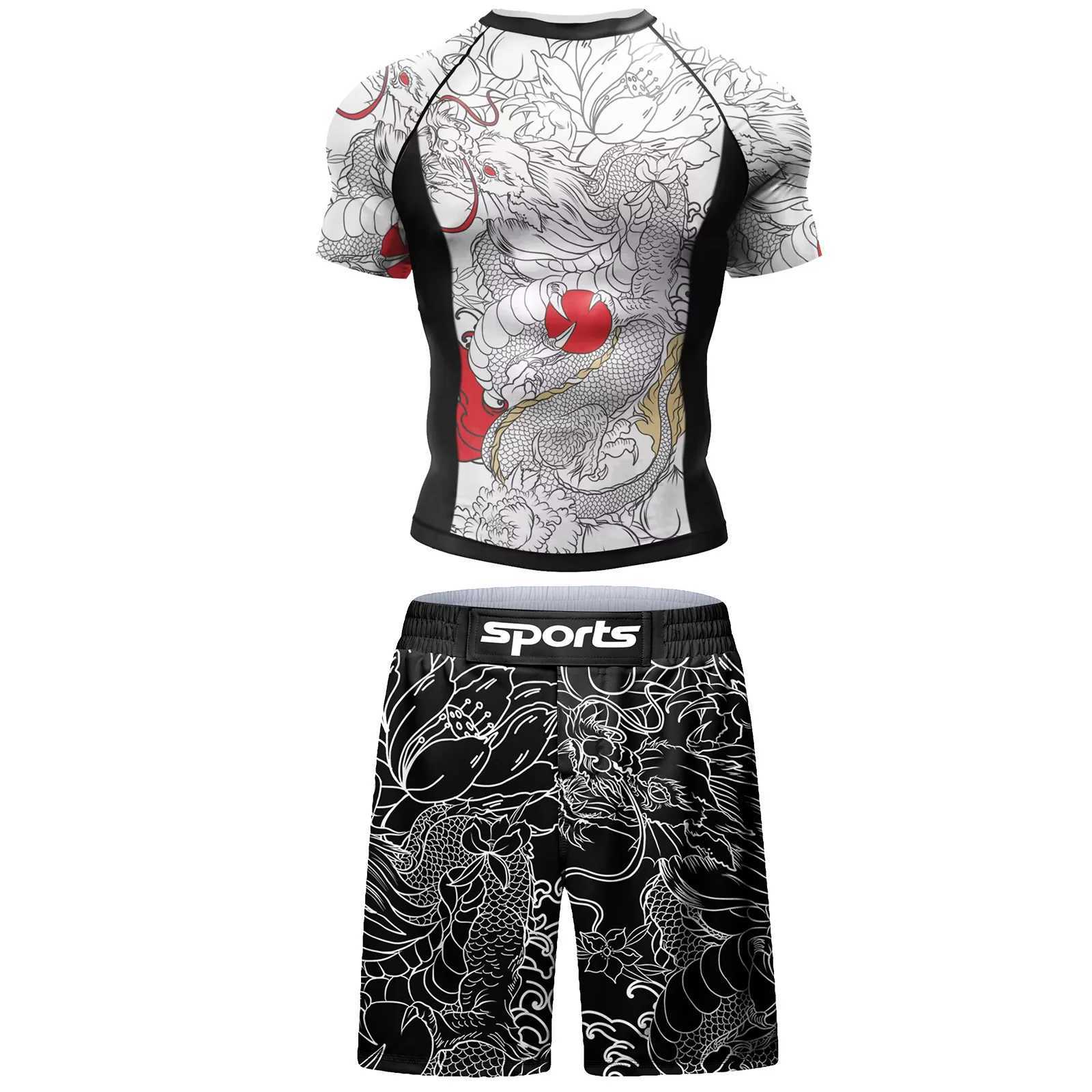 2 PCS Sports Suit BJJ Jiu jitsu gi Rashguard+MMA Shorts Muay Thai Pants Cool Boxing Grappling Wear Gym Running Clothes X250701