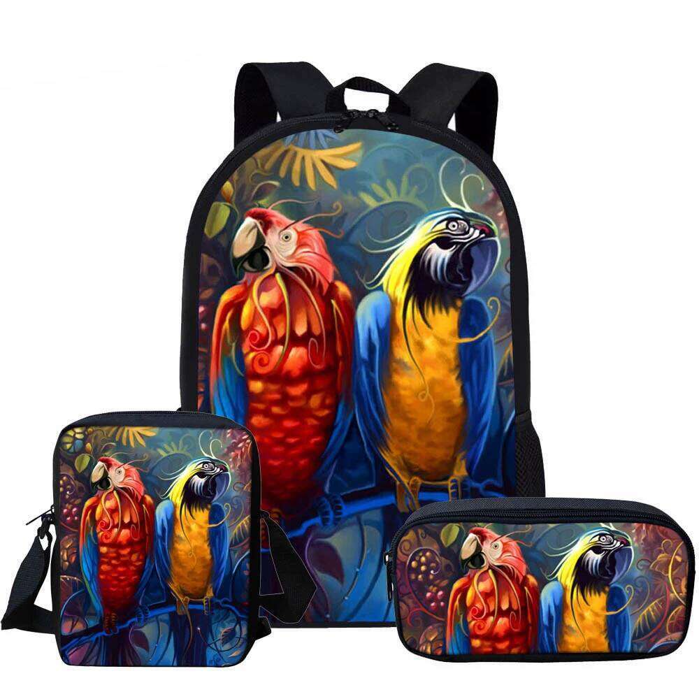 Novelty Parrot Bird Pattern 3D Print 3pcs/Set School Bags Laptop Daypack Backpack Inclined shoulder bag Pencil Case