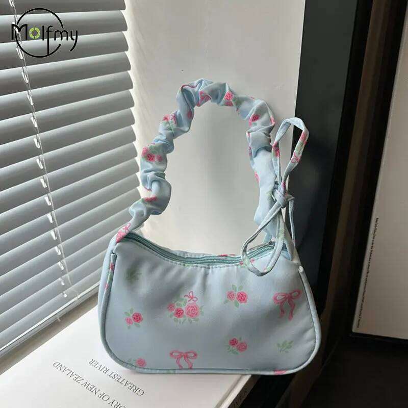 Women's Underarm Summer Canvas Pleated Handlebags Armpit Purse FloralBow Printed Zipper Tote Handbag Female Y2k Shoulder Bag