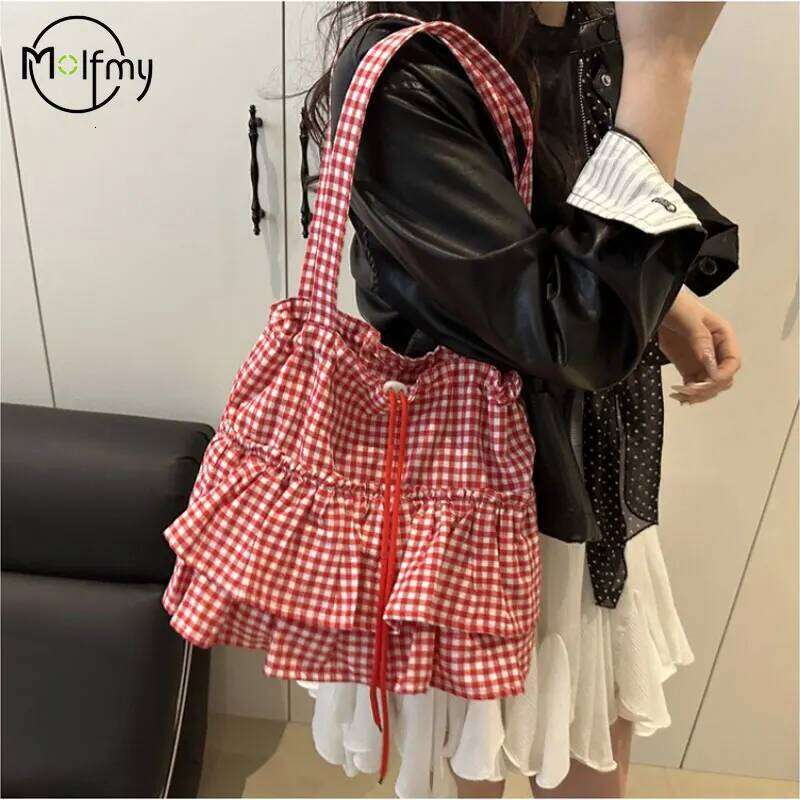 Women's Tote Bag Ruffles Plaid Drawstring Handbag Women Fashion Canvas Shoulder BagsLarge Capacity Korean Bags Bolsos De Mujer