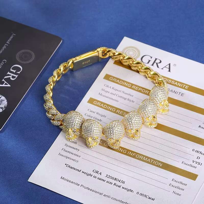 New Trend Moissanite Skull Bracelet Cuban Chain VVS1 925 Sterling Silver Hip Hop Rock For Men Women Party Jewelry Christmas Gift