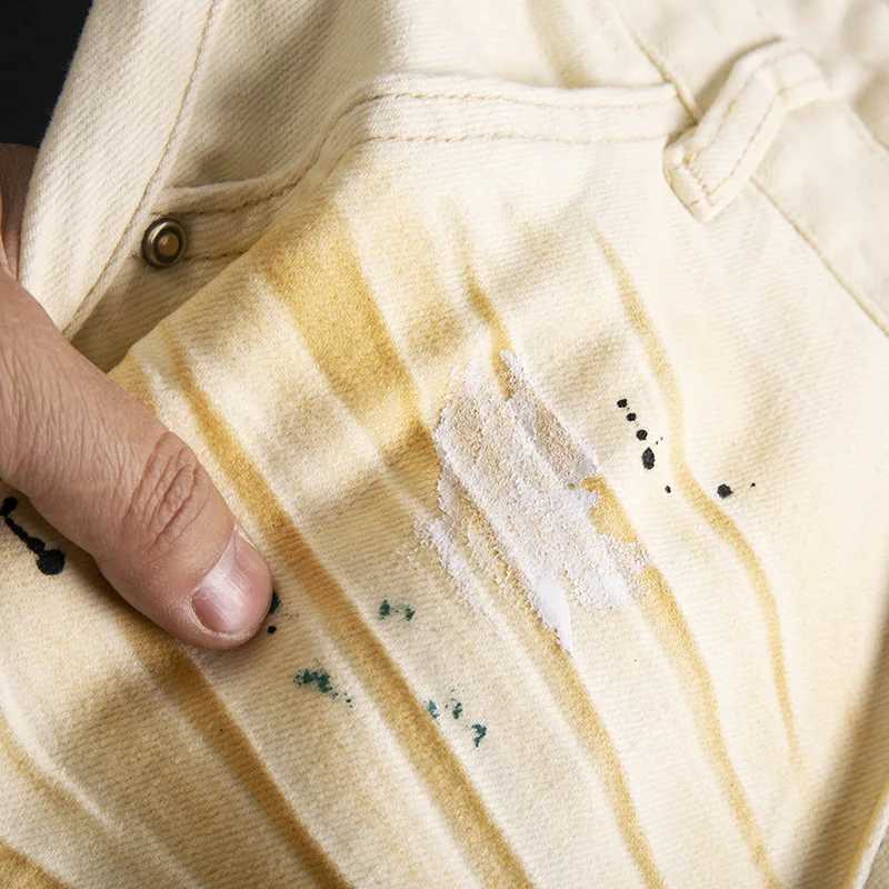 Graffiti Splashed Ink Patchwork Jeans Mens Beige High Street Cool Casual Fashion Elastic Zipper Slim Fit Small Leg Pants W250701 W250701