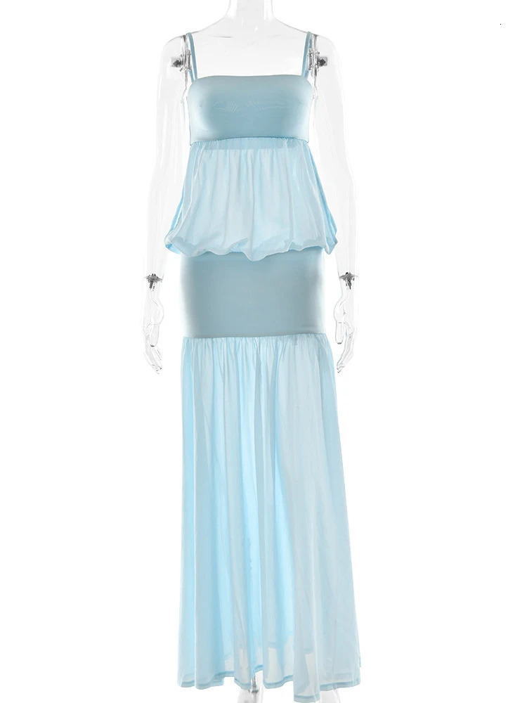 JULISSA MO Sexy See Through Hollow Out Maxi Dress For Women Blue Spaghetti Strap Evening Summer Elegant Party Clubwear 250701