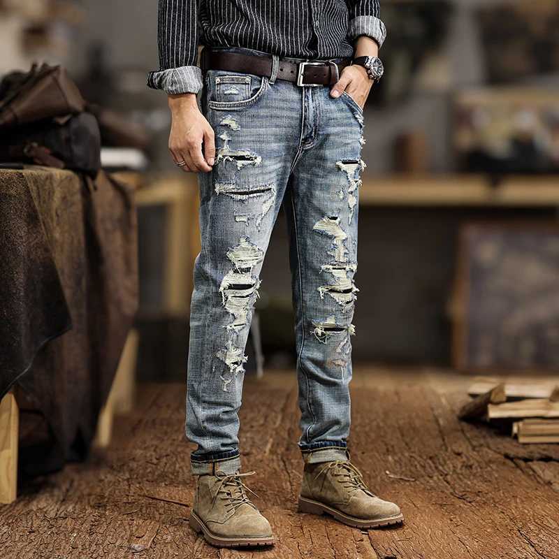JX NS29 broken hole jeans mens American gangster handsome Slim small leg trousers do old casual trousers only high quality W250701 W250701