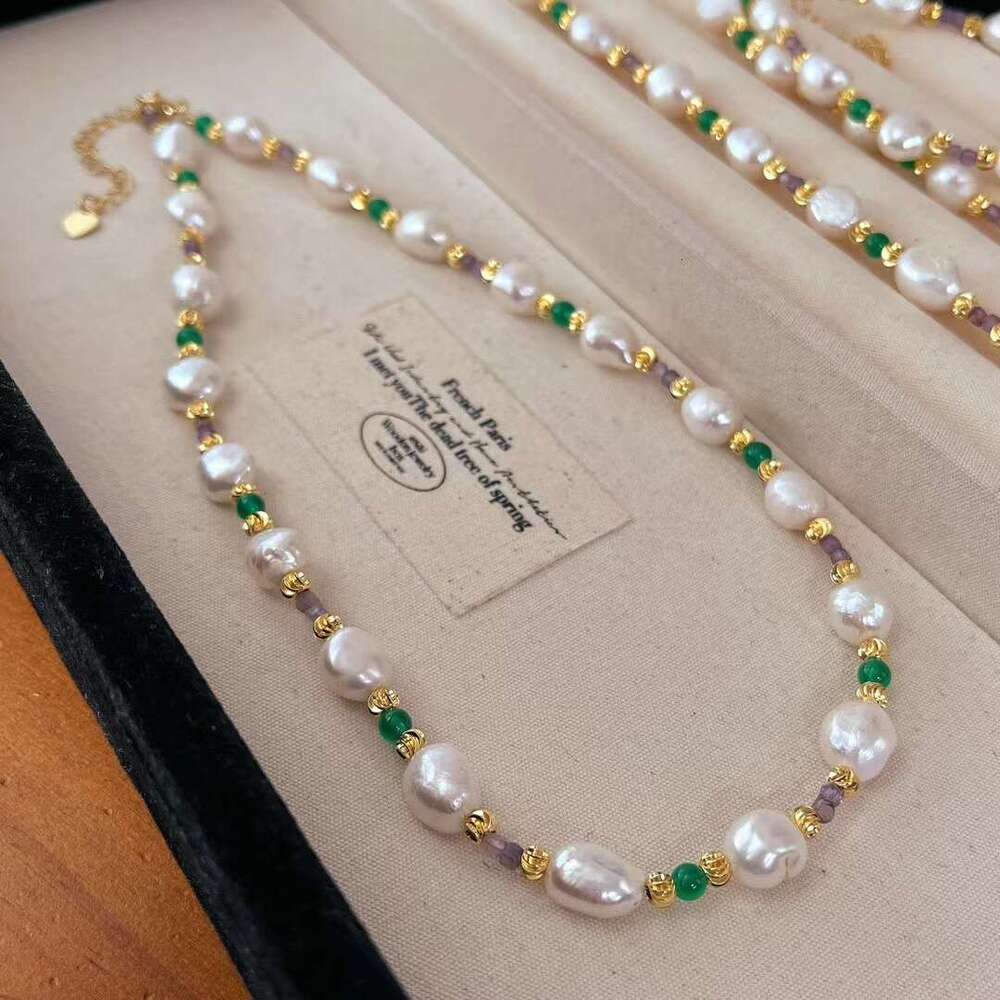 DHCollections Oriental Vintage Freshwater Pearl & Jade Crystal Beaded Necklace for Women & Girls