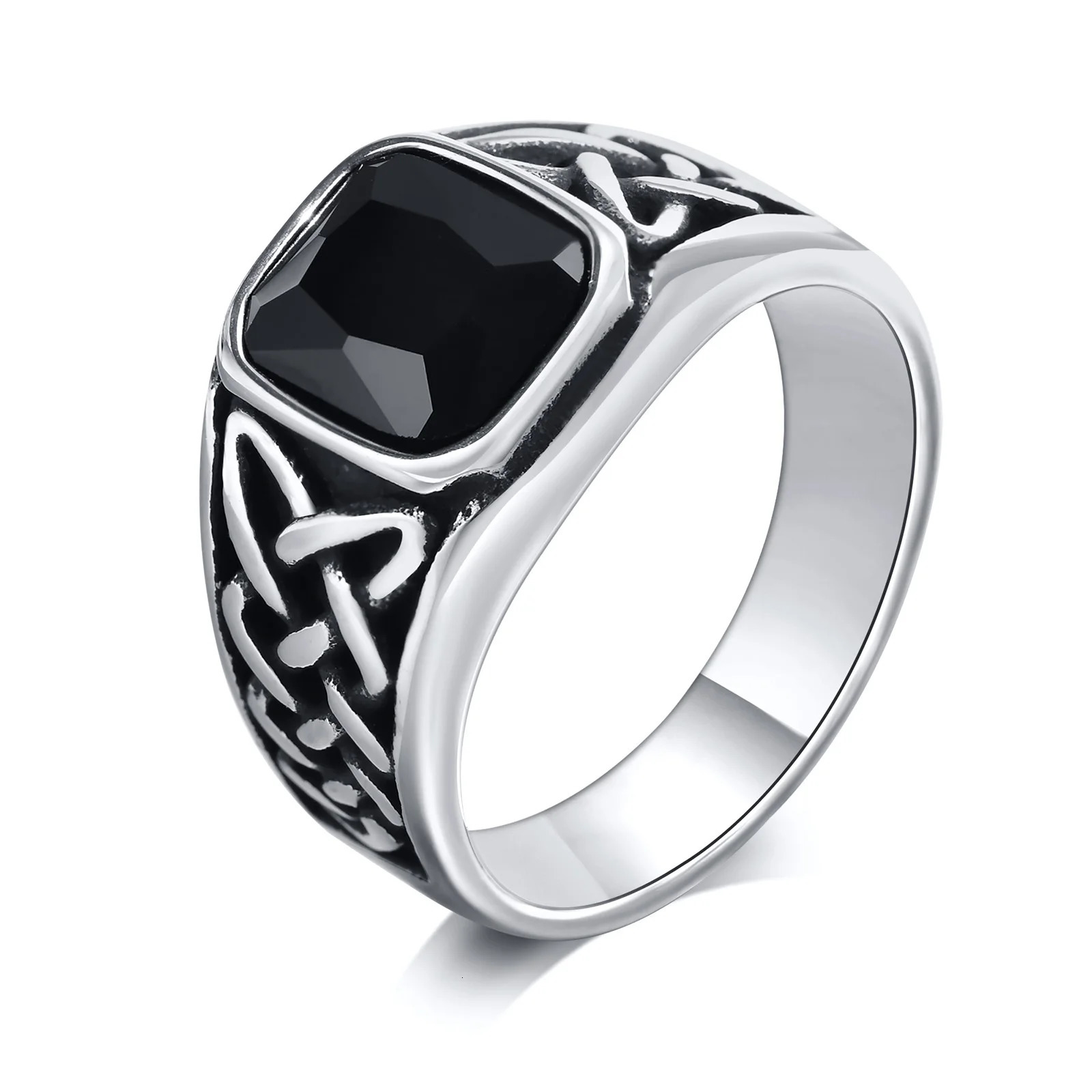 Punk Vintage Ethnic Rings for Men Retro Viking Knot Rune Finger Band Black Geometric Square Stone Signet Ring Jewelry 250701