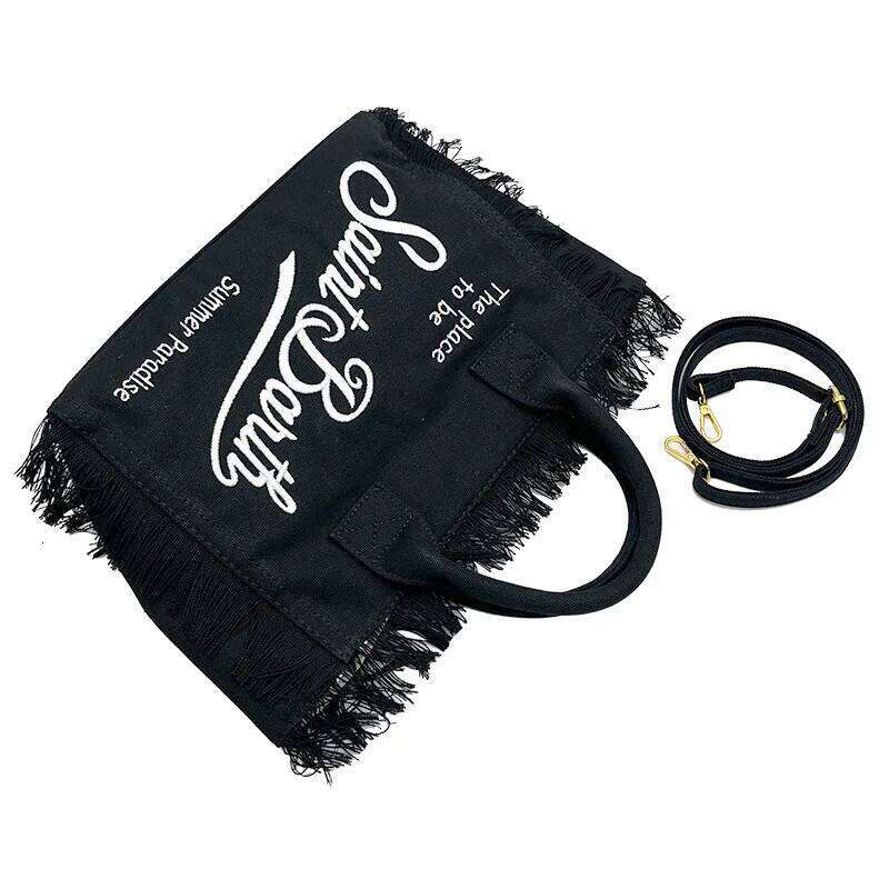 Saint Barth European And American New Fashion Tassel Embroidery White Large Capacity Black Beach Tote Bag Handbag