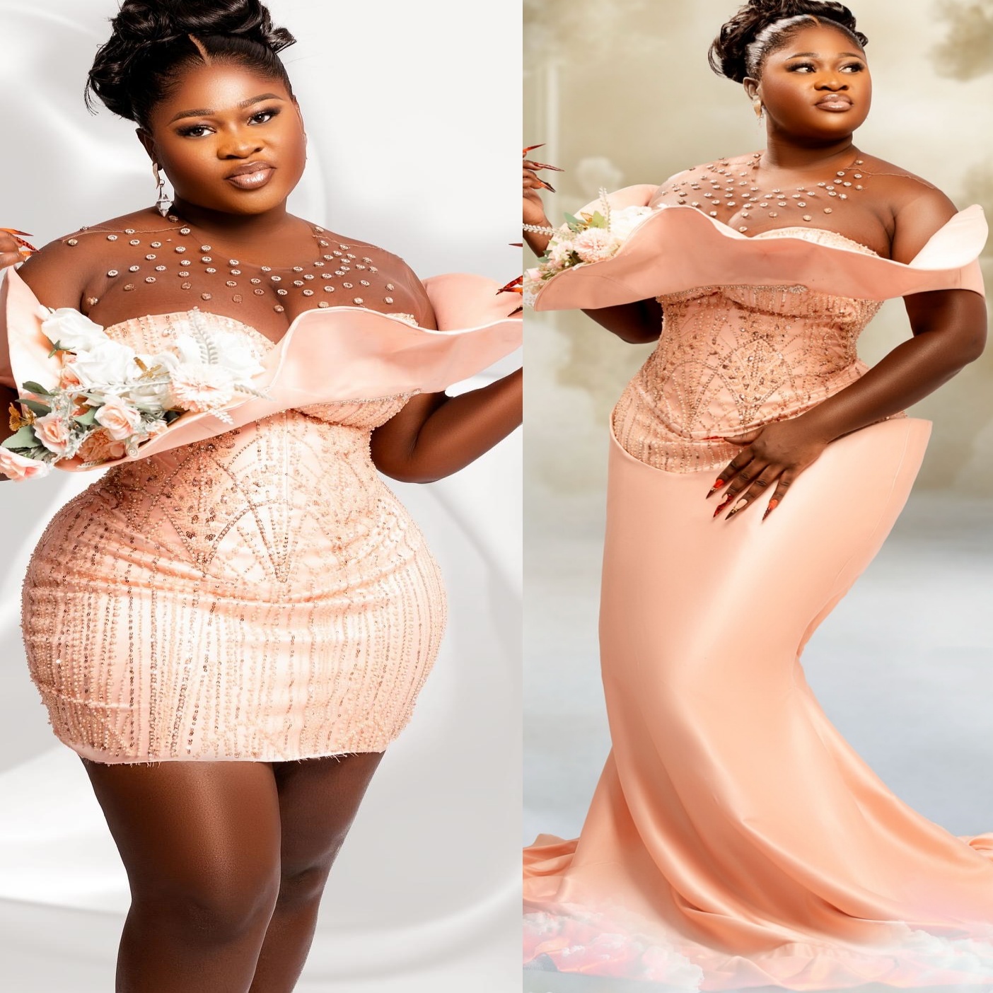 Peach Mermaid Prom Dresses 2025 Crystals Sequined Two Pieces Satin Evening Formal Party Second Birthday Engagement Gowns Plus Size Dress For Special O