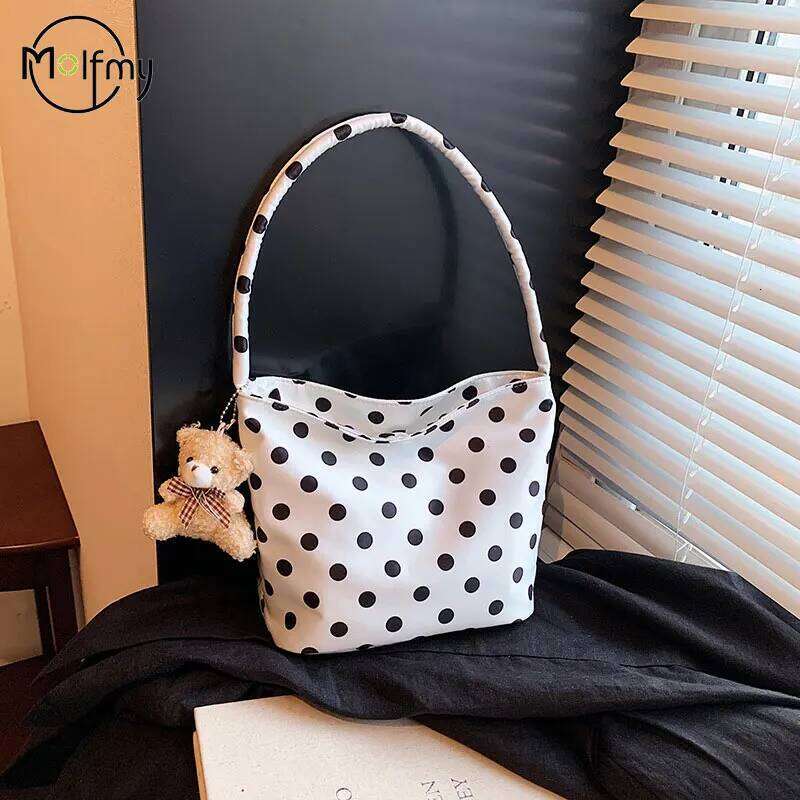 Polka Dot with Pendant Shoulder Bags Women Fashionable Canvas Crossbody Tote Bag Single Satchel for Trendy Handbag