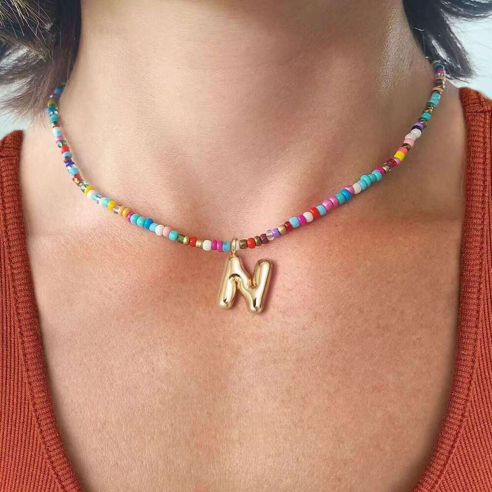 New Dopamine 26 Fat Letter Pendant Bohemian Style Imitation Pearl Colorful Natural Stone Beaded Necklace Fashion Trend