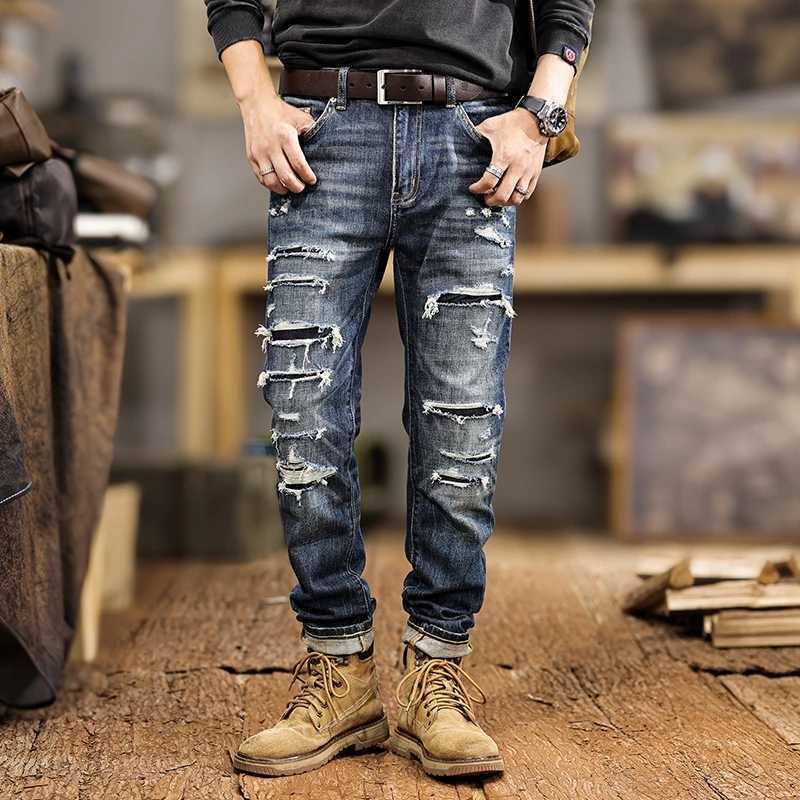JXNS3 New American retro washed jeans men do old heavyweight design sense splicing Slim small leg trousers tide W250701 W250701