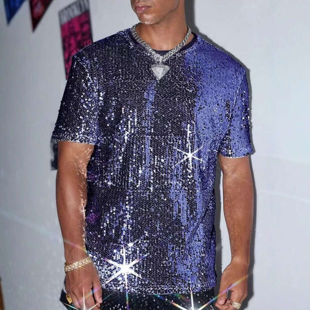 Cross-Border Summer New Sequin Short men dress shirt up shirts Sleeve T-Shirt Men's European And American Performance Costume Shiny Singer Outfit