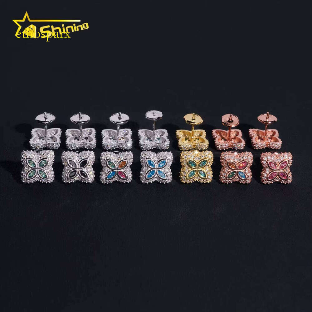 New Hip-Hop Men's Ice Cold Pure Sier Flower Multicolor Marquise 15mm Sandstone Earrings