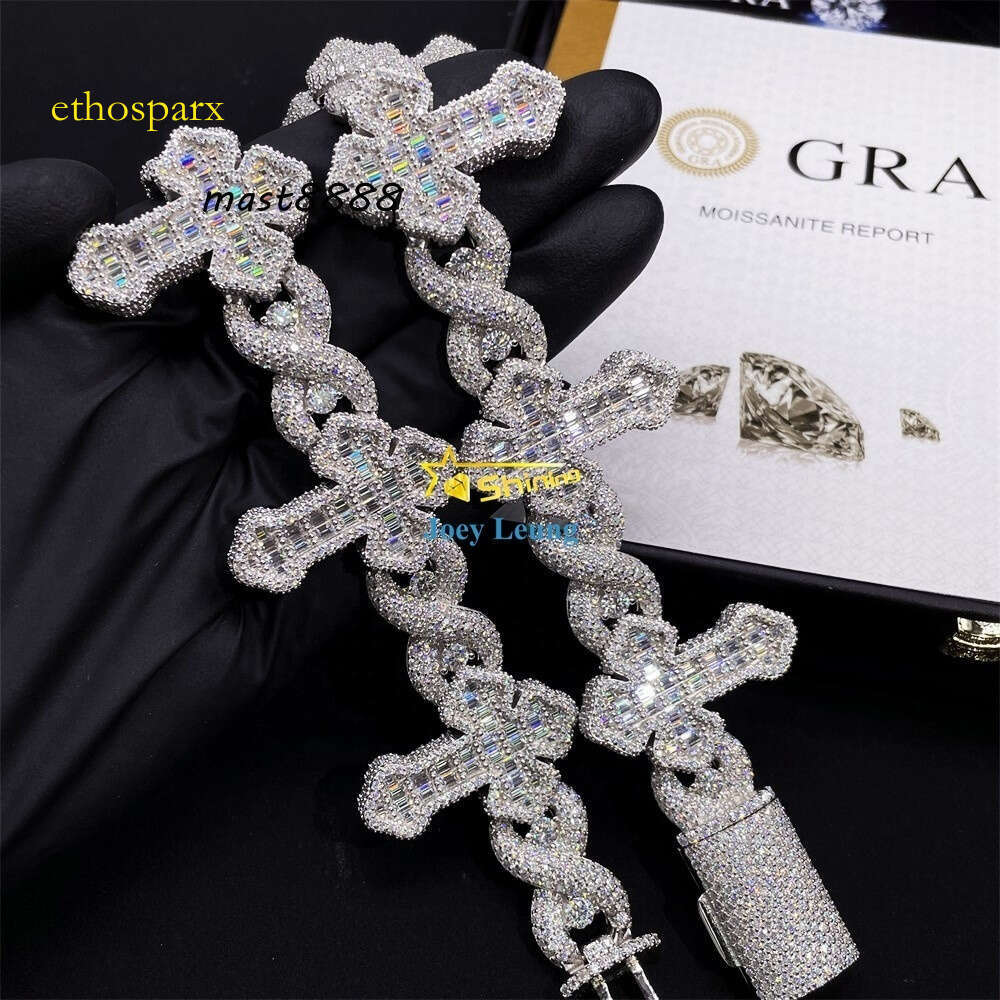 Cross Design Hip Hop Jewelry Sier Charm Iced Out VVS Baguette Moissanite Cuban Bracelet
