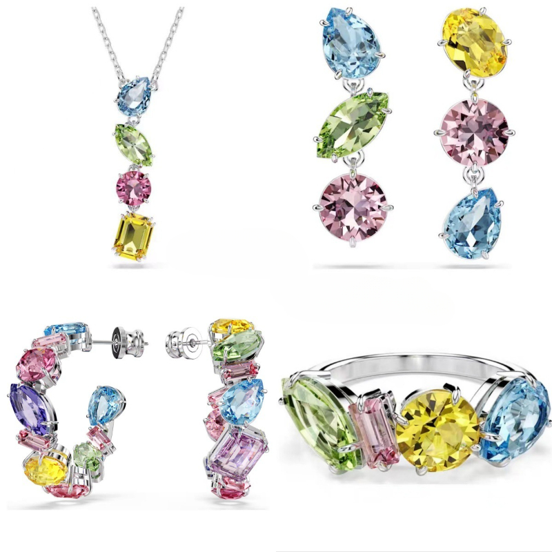Top grade luxury dopamine candy colorful necklace earrings ring jewelry set for women girls lovely zircon choker necklaces love nail rings gift