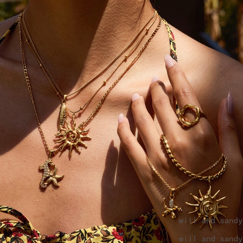 Non Tarnish 18k Gold Plated Boho Conch Shell Starfish Necklace Multilayer Wrap Choker Chains Necklaces Summer Beach Jewelry for Women Birthday Anniver