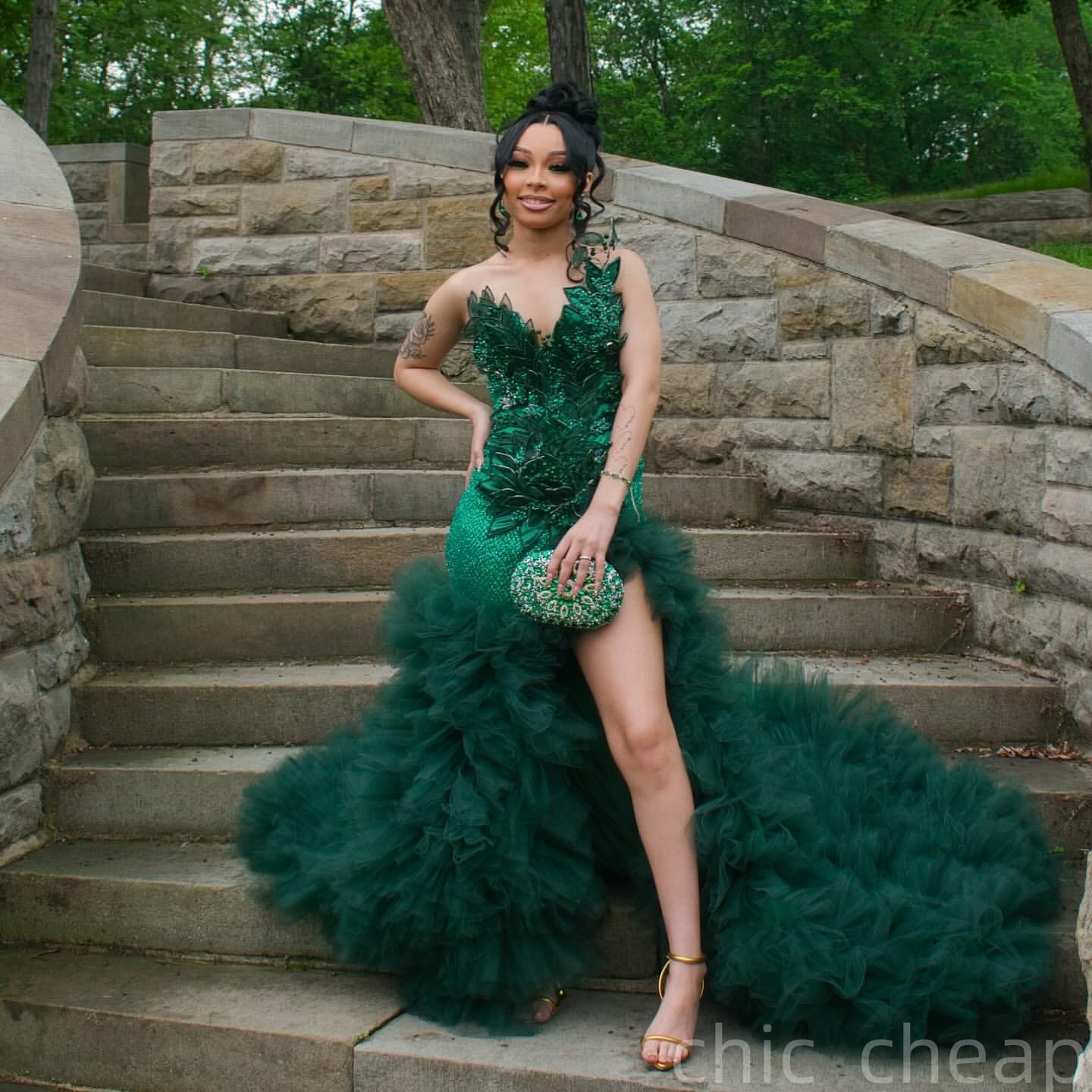 Mermaid Dark Green Prom Dresses 2025 Florals Pearls Tiers High Split Evening Formal Party Second Birthday Engagement Gowns Plus Size Dress For Special