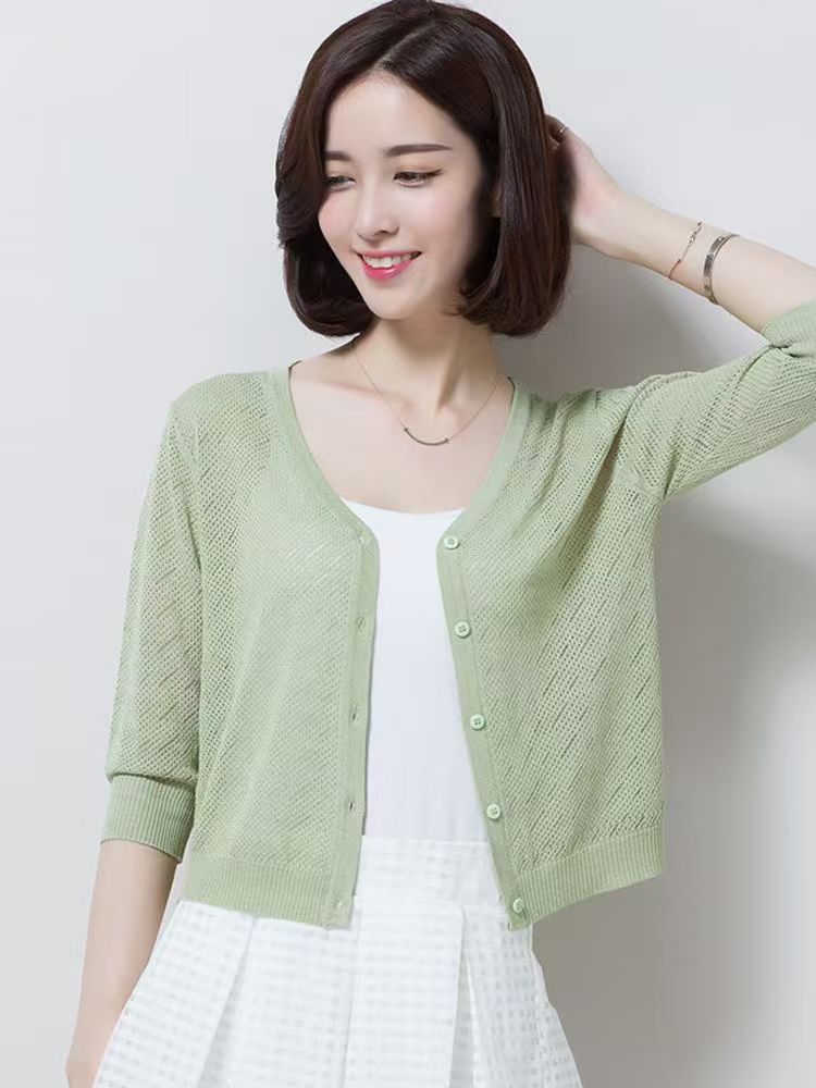 K1195 Knitted cardigan women's thin round neck hollow sun protection air conditioning shirt mulberry silk top summer
