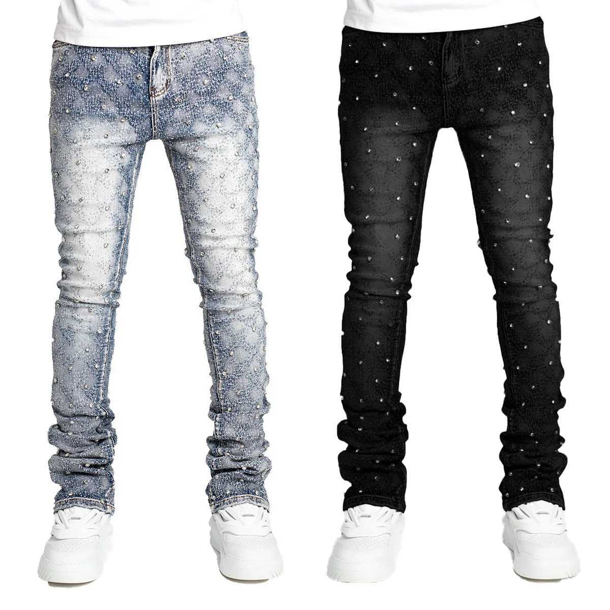 Stretchy Pearls Skinny Jeans For Men 2024 New Fashion Rhinestone European Street Personality Stacked Denim Pants W250701 W250701