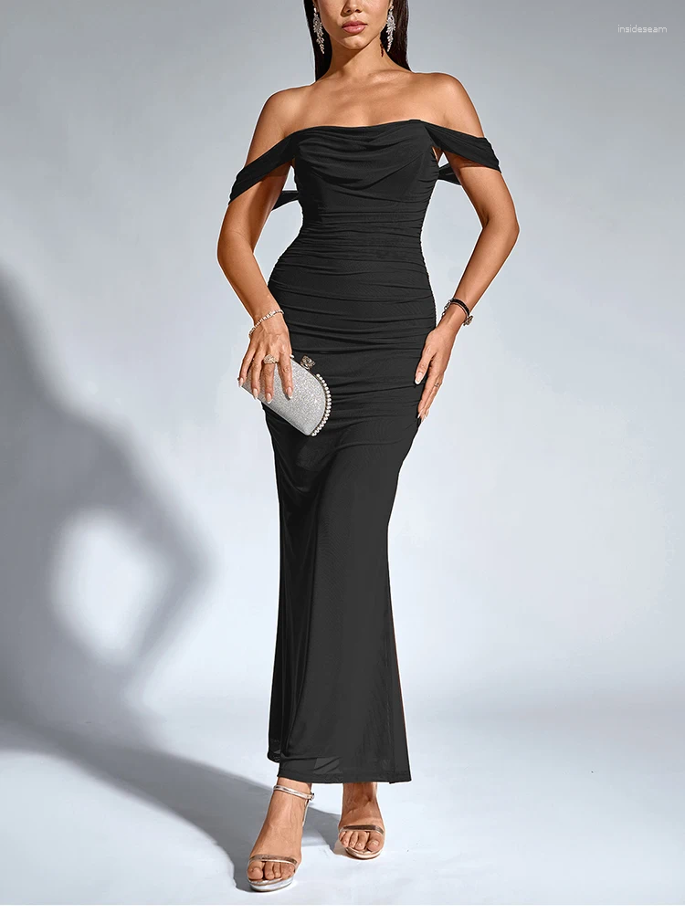 Elegant Off-Shoulder Maxi Dress: Ruched Mesh Corset Gown for Parties, Clubs & Special Occasions C260311