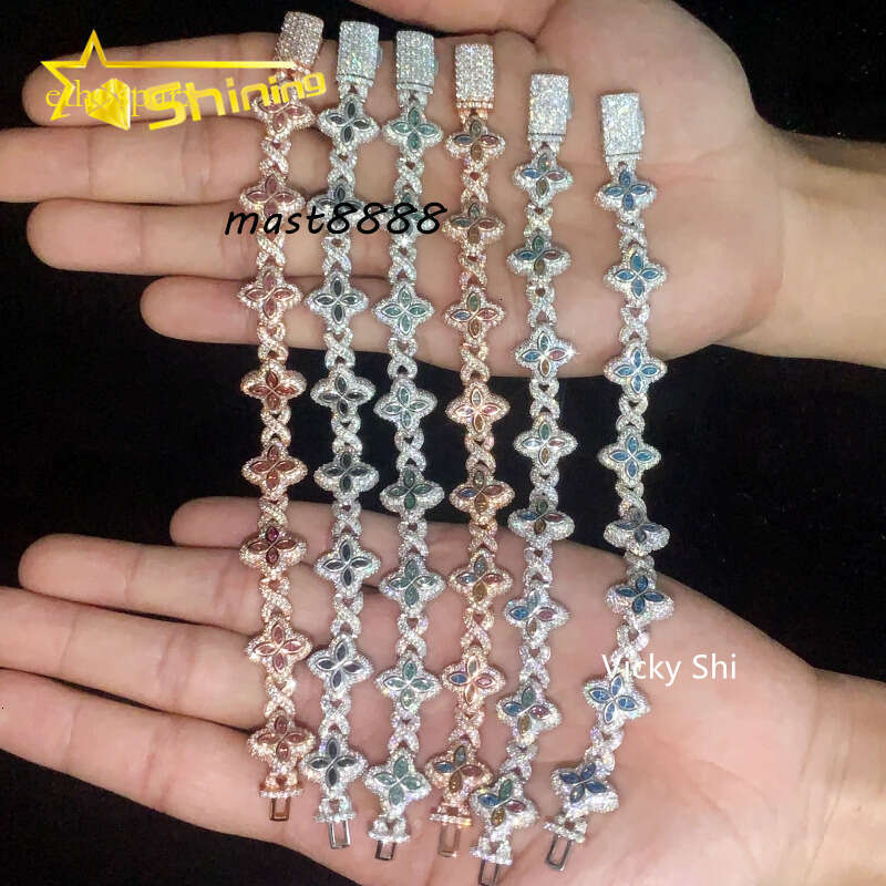 Hot Selling 15MM Sterling Sier Clover Bracelets Iced Out Hip Hop Infinity Colored Moissanite Cuban Bracelet