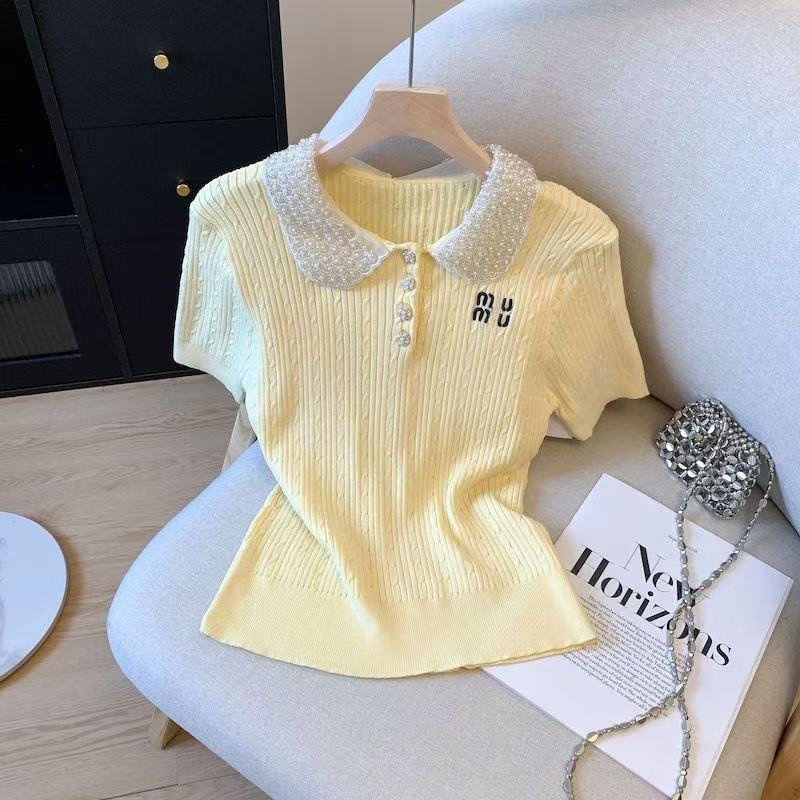 Pearl polo women's knitted t-shirt fashion embroidery letter ladies summer short sleeve knitted sweater high quality