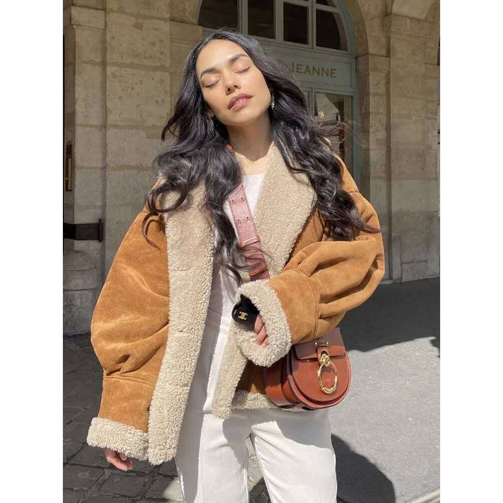 Women Winter Faux Shearling Sheepskin Fake Leather Jackets Lady Thick Warm Suede Lambs Motorcycle Brown Coats Loose Outwear