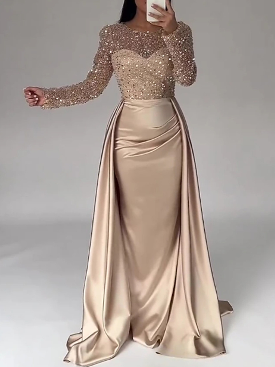 Arabic Dubai Champagne Mermaid Luxurious Sequined Evening Dresses Beadings Evening Gown Formal Party Wear Vestido de novia Sexy Satin Beads Long Prom Party Gowns