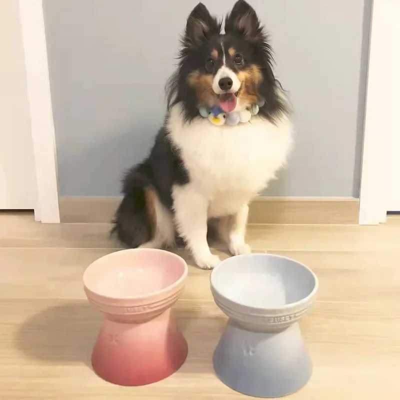Ceramic colored cat bowl Pet bowl Cat bowl High foot protection Large diameter Large size cannot be turned over Y250630