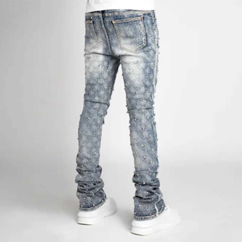 Stretchy Pearls Skinny Jeans For Men 2024 New Fashion Rhinestone European Street Personality Stacked Denim Pants W250701 W250701