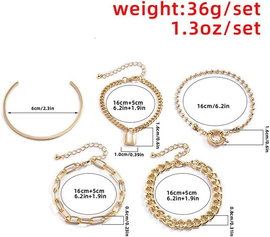 Boho 3 Fashion Dainty Gold Sier Stackable Lock Adjustable Beaded Chunky Flat Cable Chain Punk Bracelets Jewelry for Women Gift Set of 5