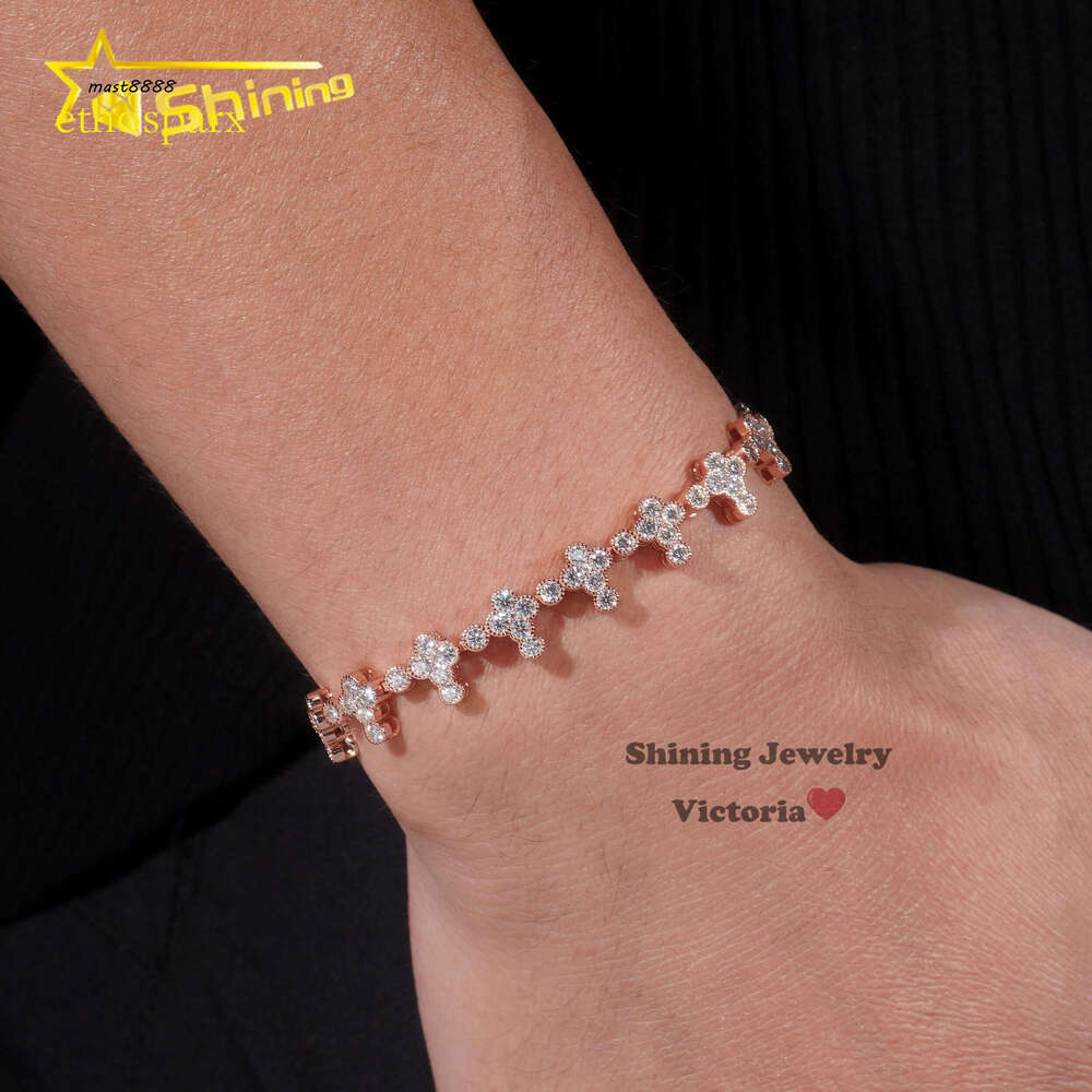 New Design 8mm Lab Dia Real Gold Plated Sterling Sier Vvs Moissanite Hip Hop Jewelry Tennis Cross Bracelet