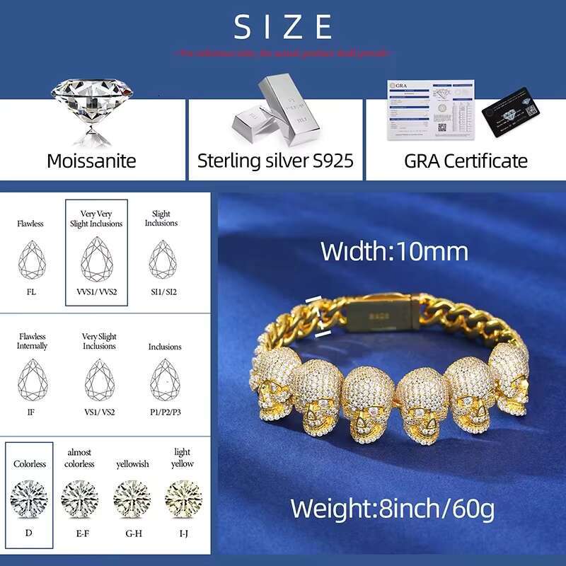 New Trend Moissanite Skull Bracelet Cuban Chain VVS1 925 Sterling Silver Hip Hop Rock For Men Women Party Jewelry Christmas Gift