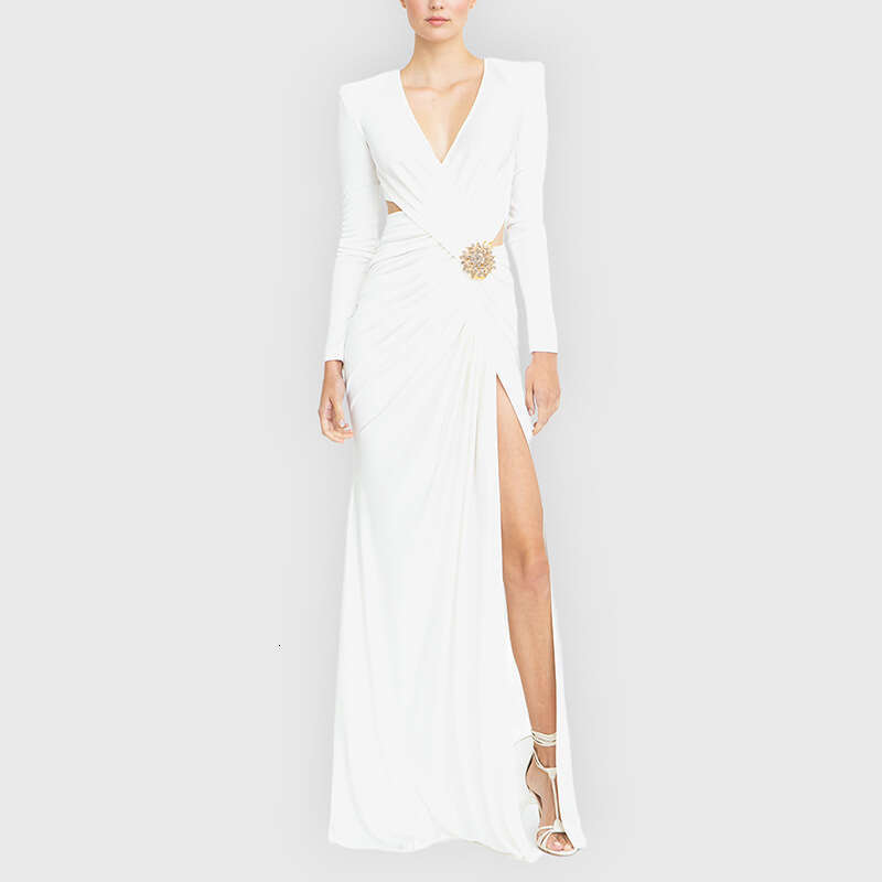 White Skirt Maxi Skirt Women S Sexy V Neck Hollow Out Ruched Metal Buckle Slit Sleeve French Style Long Dress Gown Long Skirt