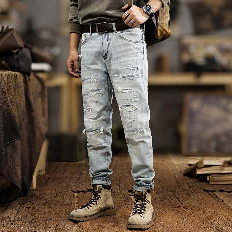 Jns28 American Tide Light-Colored Broken Hole Jeans Mens New Slim Small Leg Trousers Elastic Grinding White Trousers High-End W250701 W250701