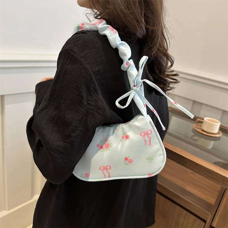 Women's Underarm Summer Canvas Pleated Handlebags Armpit Purse FloralBow Printed Zipper Tote Handbag Female Y2k Shoulder Bag