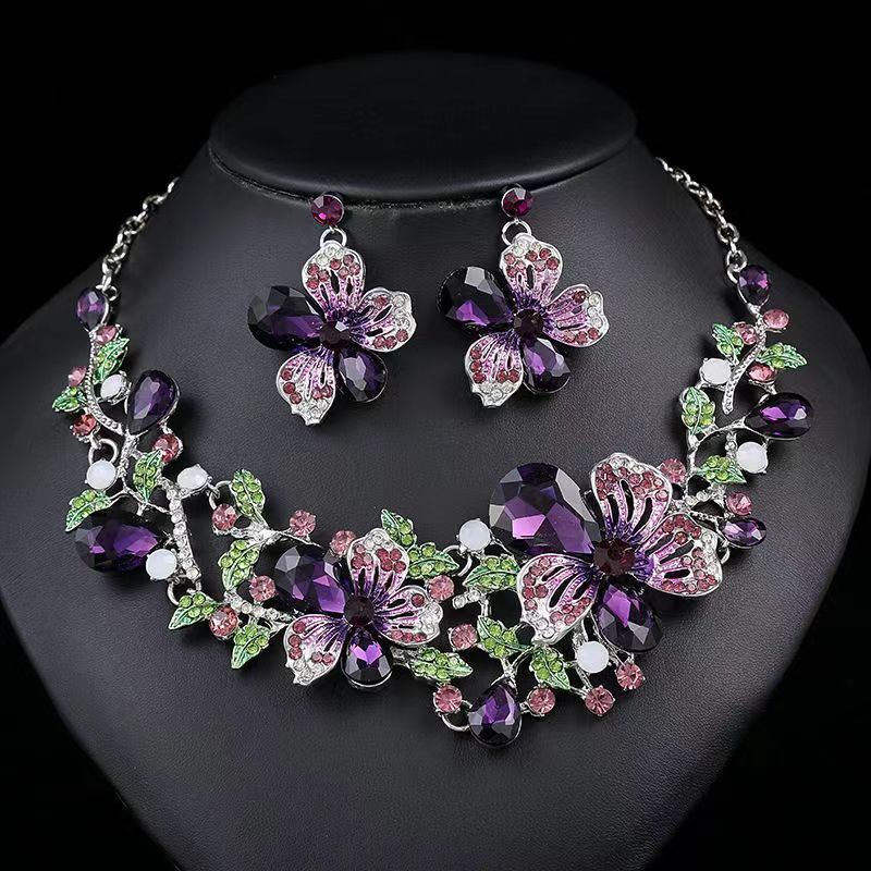 European and American rose flower colorful rhinestone glass jewelry set jewelry necklace colored handmade earrings fashion women's party wedding 