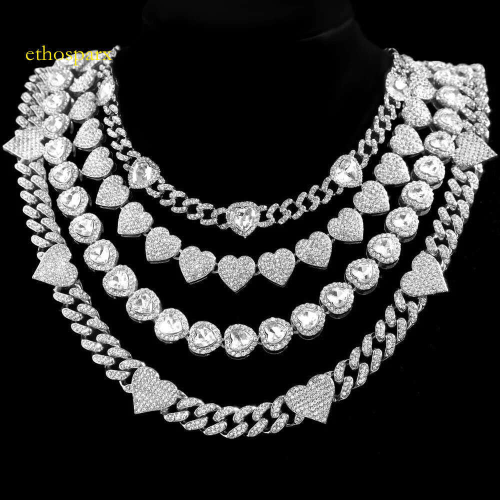 Iced Out Hip Hop Heart Cuban Link Chain Womens Micro Water Dia Paving Necklace Set Fashion Jewelry High Quality 240927
