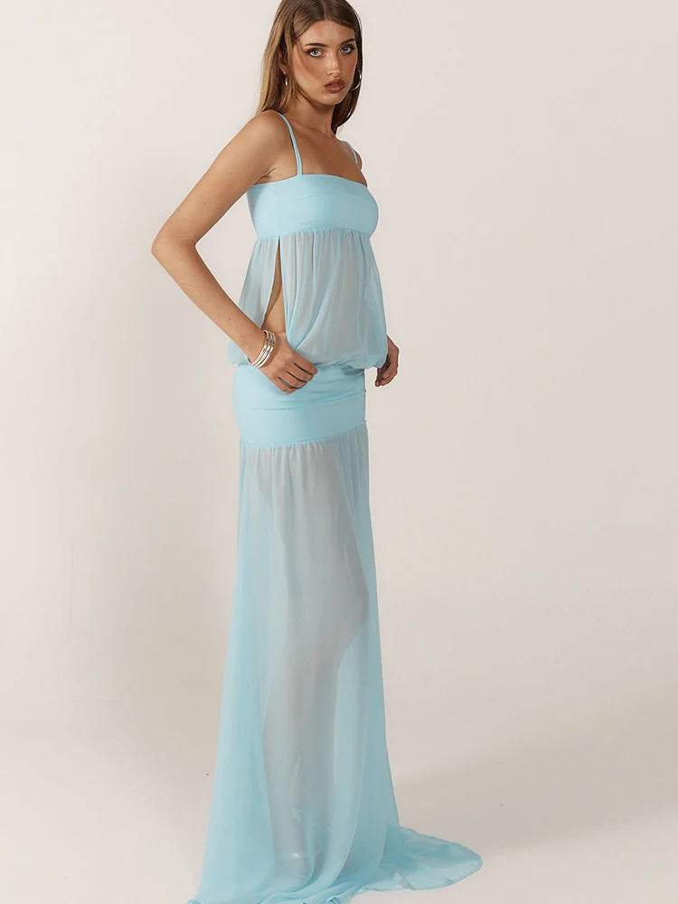 JULISSA MO Sexy See Through Hollow Out Maxi Dress For Women Blue Spaghetti Strap Evening Summer Elegant Party Clubwear 250701