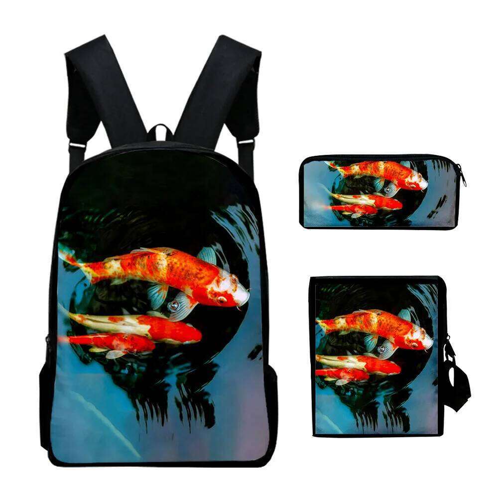 Fashion Novelty Cool Koi carp 3D Print 3pcs/Set pupil School Bags Laptop Daypack Backpack Inclined shoulder bag Pencil Case