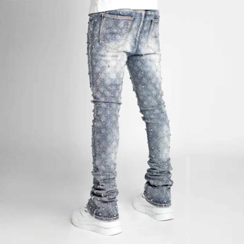Stretchy Pearls Skinny Jeans For Men 2024 New Fashion Rhinestone European Street Personality Stacked Denim Pants W250701 W250701