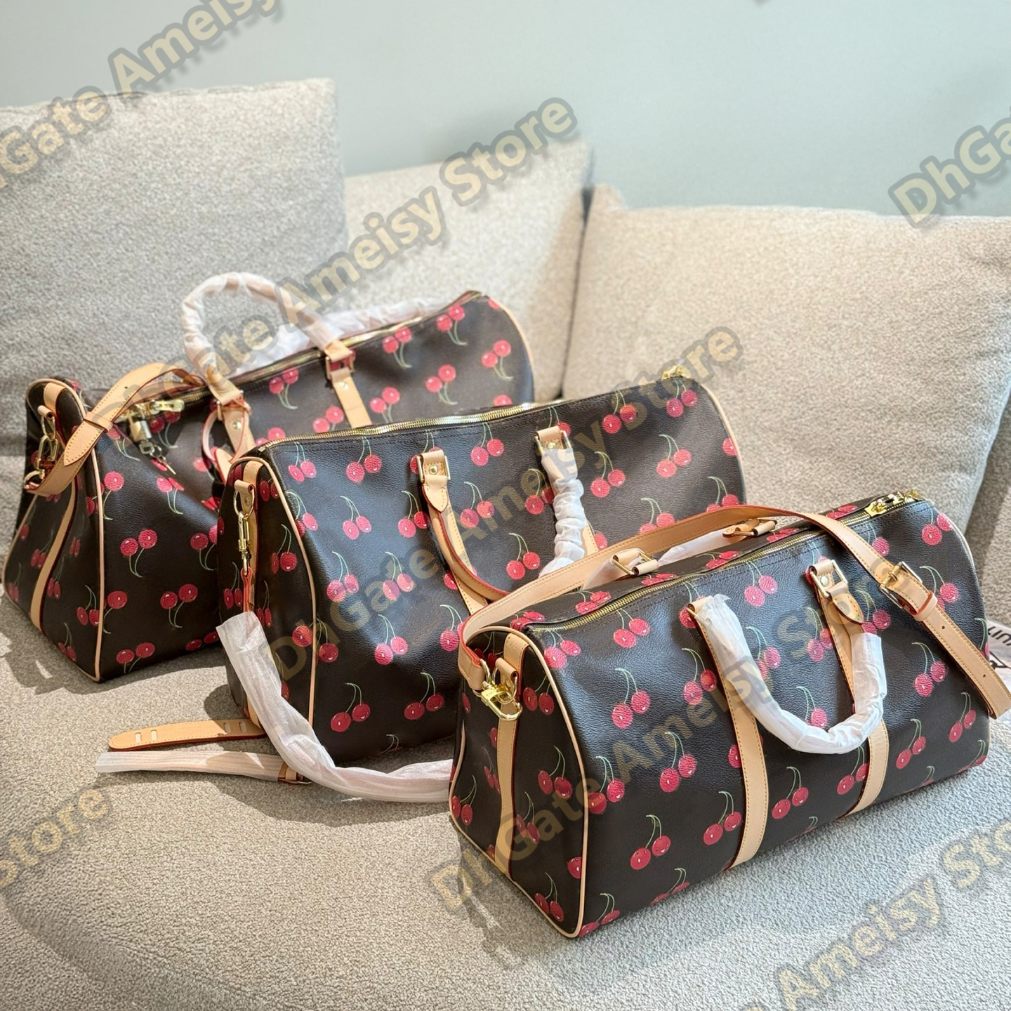 Luxury Designer 55/50/45 Duffle Travel Sport Bag with Cherry Print, Large Capacity Duffel Weekend Yoga Handbag with Strap Yuki069