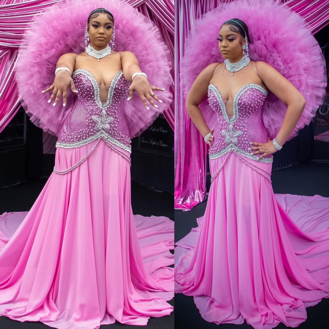 Mermaid Pink Prom Dresses 2025 Crystals Chiffon Pearls Tiers Tulle Evening Formal Party Second Birthday Engagement Gowns Plus Size Dress For Special O