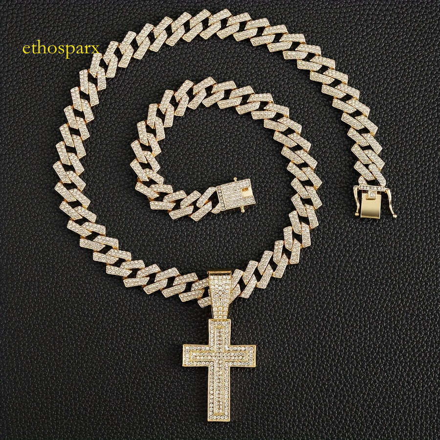 Minimally understated filled gold necklace with full cross and wide clasp dia Cuban chain