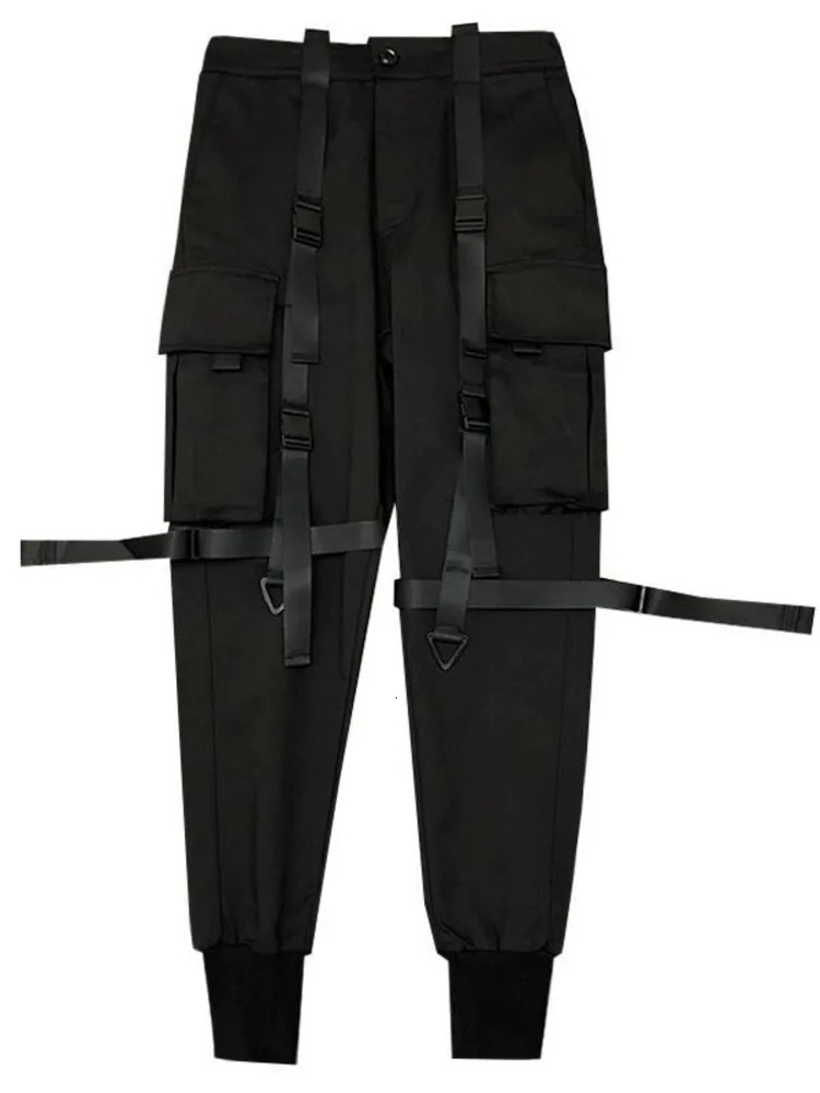 Fashion Darkwear Safari Style Webbing Spliced Boy Cargo Pants Men High Street Streetwear Elastic Waist Slim Tactical Techwear 250701